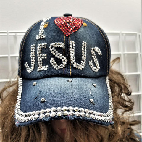 DENIM w/ RHINESTONES I LOVE JESUS BALL CAP.