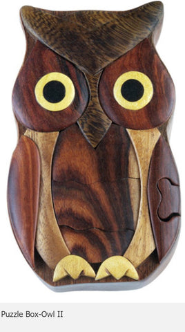 Owl II Secret Intarsia Wood Puzzle Box.
