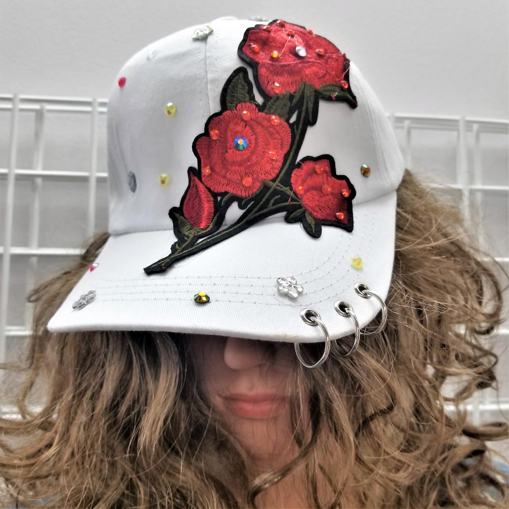 WHITE EMBROIDERED ROSE Ladies Ball Cap.