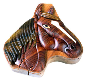 Hand Carved in Vietnam Wood HORSE HEAD Puzzle Box- Intarsia Wood.