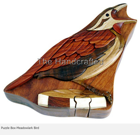 Meadowlark Bird Secret Intarsia Wood Puzzle Box.