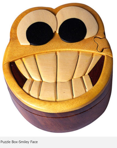 Smiley Face Secret Intarsia Wood Puzzle Box.